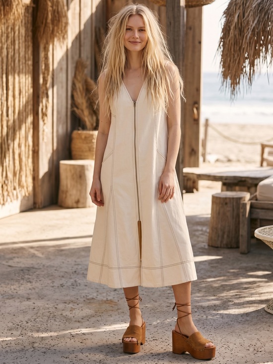 Free People Dresses & Skirts - Free People Santino Denim Zip Front Midi Dress in Ecru Size Large Minimalist